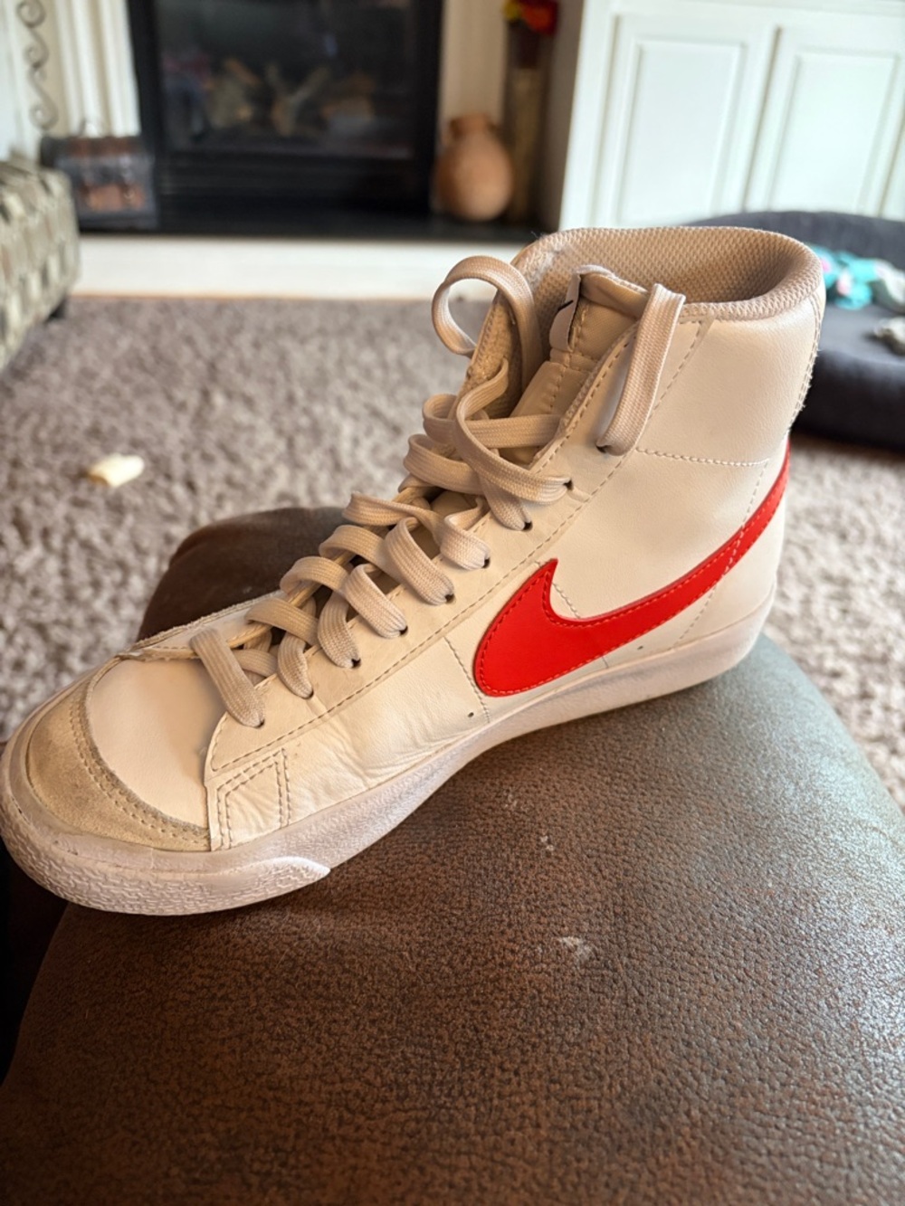 Nike High-Top Sneaker in White with Red Swoosh and Tan Accents